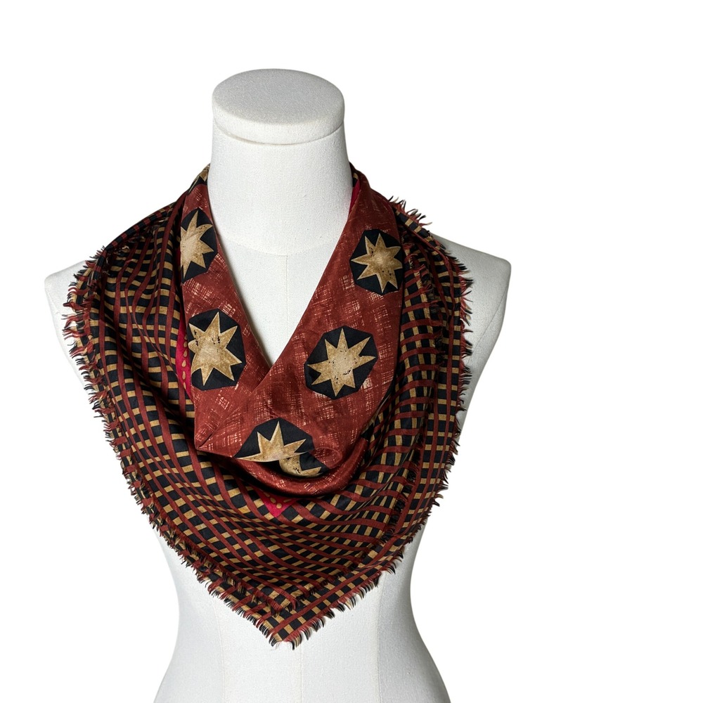 Echo Square Scarf Star Checkered Rust Black Gold Eyelash Fringe 22in